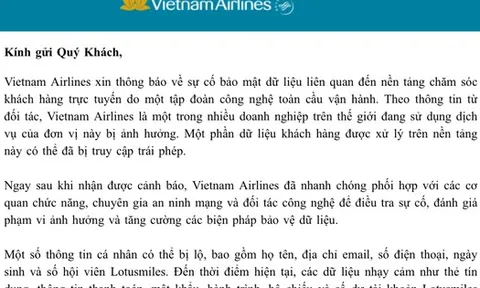 Vietnam Airlines khẳng định thông tin thẻ tín dụng, số dư tài khoản,...của khách hàng vẫn an toàn sau sự cố bảo mật, khuyến nghị đổi mật khẩu