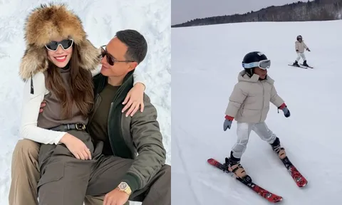 Hồ Ngọc Hà khoe 2 con song sinh trượt tuyết siêu giỏi khi đi chơi Tết