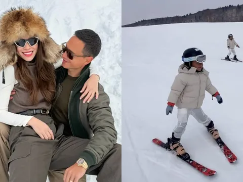 Hồ Ngọc Hà khoe 2 con song sinh trượt tuyết siêu giỏi khi đi chơi Tết